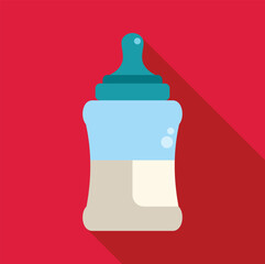 Obraz premium Baby bottle full of milk with blue nipple over a red background, ideal for childcare and nutrition themes