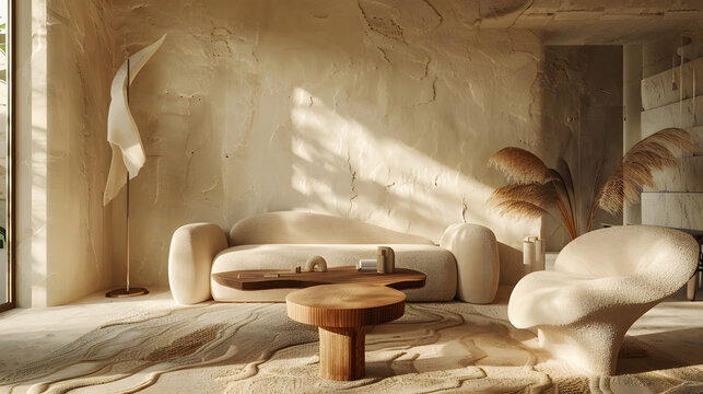 minimalist living room with curved organic furniture, soft beige textures, sculptural floor lamp, warm diffused daylight, high-end editorial interior aesthetic, 16:9, ultra-detailed, soft shadows