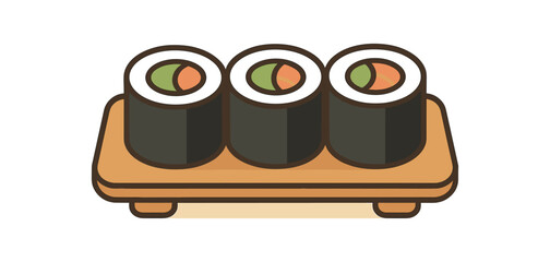 Flat vector illustration of sushi roll trio on small tray soft rounded shapes clean outline cozy food style