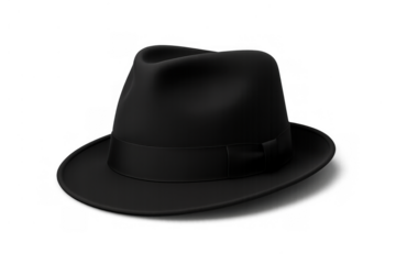 Black fedora hat, a classic formal accessory, presenting a retro fashion statement with vintage elegance on a transparent background