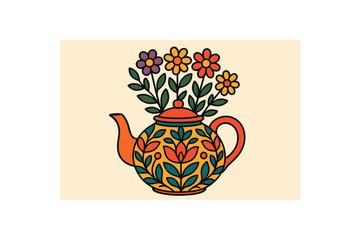 Flat vector illustration of colorful ceramic teapot used as flower vase vivid pattern rounded shape clean outline
