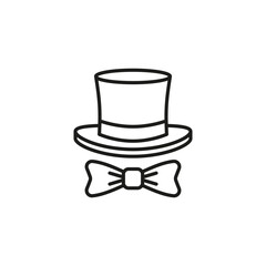 Top hat outline icon with bow tie. Cylinder hat. Vector line art illustration and drawing on a white background.