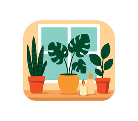 Flat vector illustration of bright window sill with bold decor plants and candles rounded silhouette minimal details