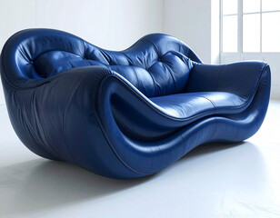 Modern blue leather sofa in a bright, minimalist interior setting