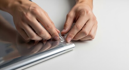 Hands Carefully Adjusting Silver Foil Sheet for Craft or Kitchen Use