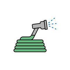 A garden hose pours and sprays water. Vector line art icon and sign. Outline illustration.