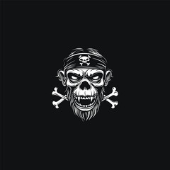 vintage drawing of a grinning Pirate Skull wearing a tattered bandana with crossed bones, flanked by long crossbones