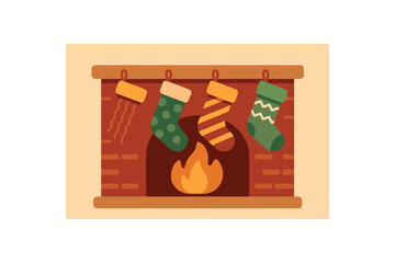 Flat vector illustration of bright stocking set hanging on fireplace bold patterns rounded shapes clean vector style