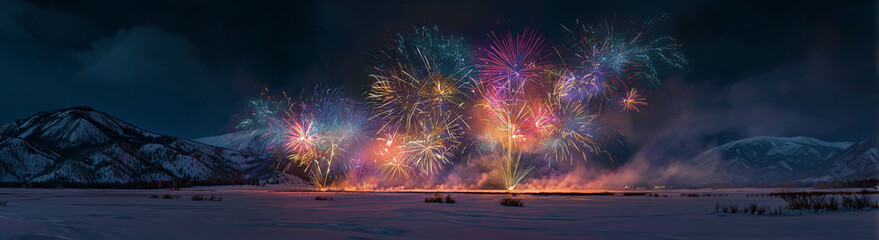 Fototapeta premium Brilliant Christmas fireworks bursting over a quiet snowy evergreen forest, starry night, soft moonlight, peaceful yet festive, ultra-realistic 8K stock photo style.