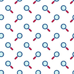 Magnifying glass pattern of vibrant colored icons. Loupe seamless repeating background. Vector illustration.