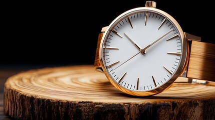 Elegant Rose Gold Wristwatch on Rustic Wooden Slice