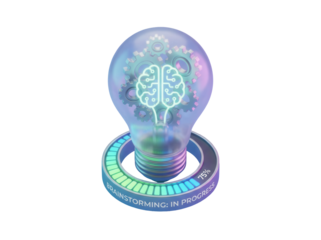 A 3D icon of a lightbulb with gears, symbolizing abstract concepts and innovative ideas, with a progress bar for brainstorming sessions.