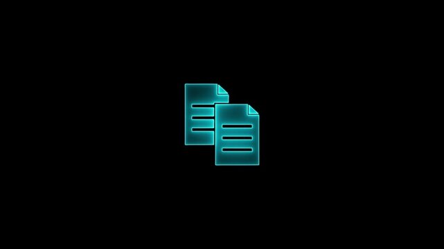 Neon cyan outline icon of two stacked documents on a black background papers files