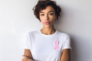 Woman wears pink ribbon showing breast cancer awareness.
