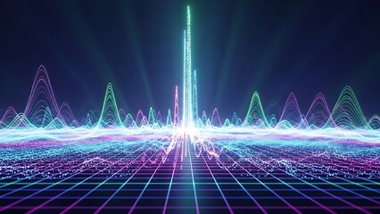 Vibrant Neon Light Waves on Grid Background.
