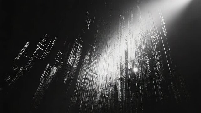Abstract low angle view of dark, towering structures in a futuristic city, reaching upwards with bright light breaking through the dense, intricate architectural lines