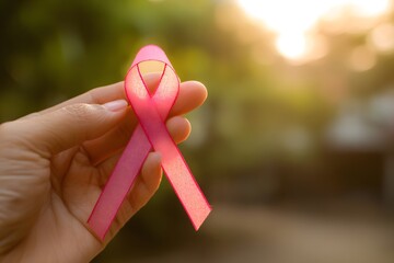 A hand holds a pink ribbon for breast cancer awareness.