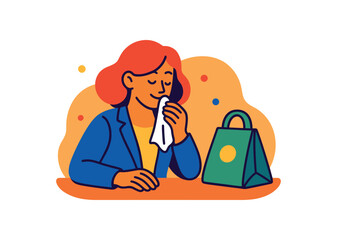 Flat vector illustration of colorful employee using cloth napkin and reusable lunch bag vivid accents rounded shapes clean outline