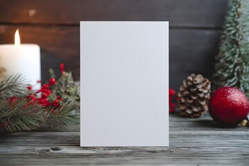 Christmas card sits before festive decorations including a candle and pine cone.