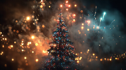 Brilliant Christmas fireworks bursting over a quiet snowy evergreen forest, starry night, soft moonlight, peaceful yet festive, ultra-realistic 8K stock photo style.