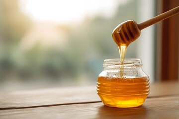 Honey dripping from a wooden dipper into a glass jar.