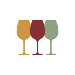 Three wine glasses logo standing side by side. 3 glass wine icon in a row. Vector illustration.