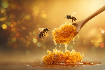 Bees collect honey from a honeycomb on a wooden spoon.