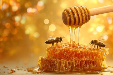 Two bees explore fresh honeycomb while golden honey drips.