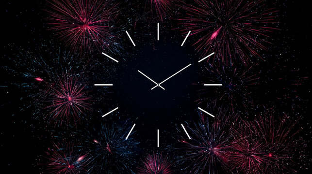 Close-up of a clock showing 12:00, surrounded by fireworks exploding around it