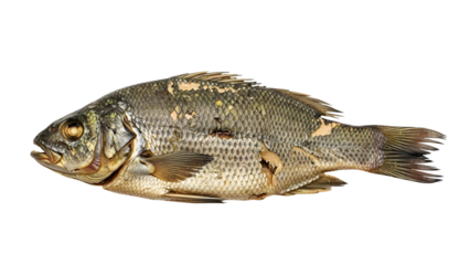 Cooked whole fish presented from a side profile against a white background