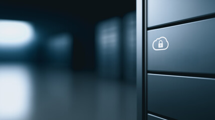 A modern data center with its sleek design. A visual representation of data security, featuring a lock icon and cloud.