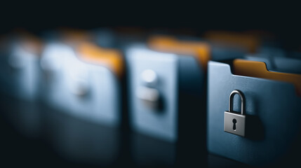An evocative depiction of digital security, a row of secure file folders highlighted. A metallic padlock symbolizes data protection.