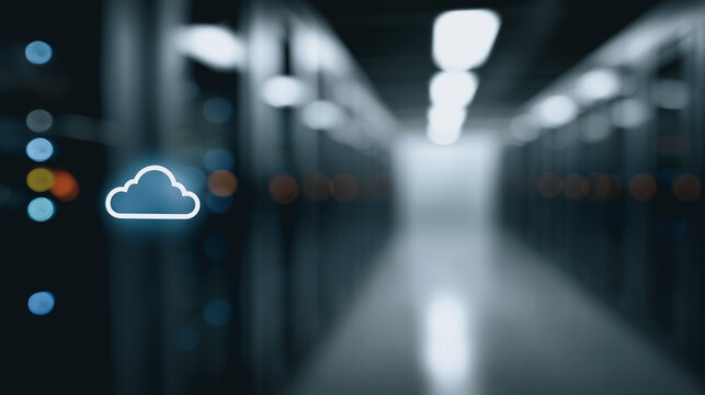 Cloud technology illuminates a server room, symbolizing data storage and digital connectivity. The scene, with its rows of servers and a glowing cloud icon. - Powered by Adobe