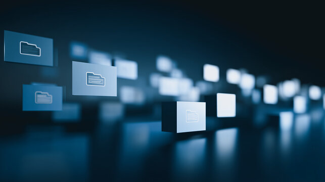 Digital folders float against a futuristic, tech-infused backdrop, with an ethereal blue glow enhancing the abstract, minimalist design. A visualization of data management and technological progress. - Powered by Adobe