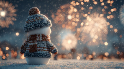 Snowman in foreground with scarf and hat, watching fireworks burst over a snowy field, childlike holiday charm
