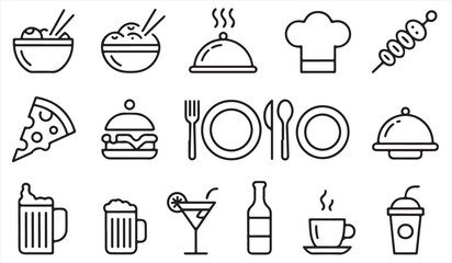 Cafe and dining line icons collection with meals and drinks