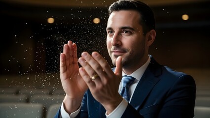 Confident Businessman Clapping in Modern Office.