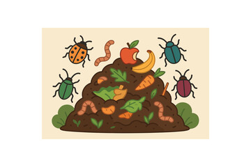 Flat vector illustration of colorful compost area attracting vivid beetles and earthworms rounded forms clean outline