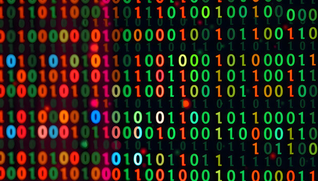 Colorful binary code on black background in abstract pattern  