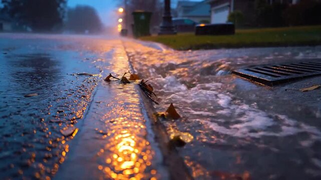 Dramatic Rainy Street Scene Showing Water Flowing Towards A Drain During Evening Time