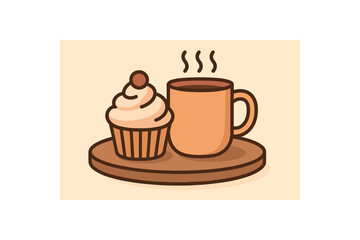 Flat vector illustration of cupcake and mug on tray soft rounded shapes clean outline cozy food style