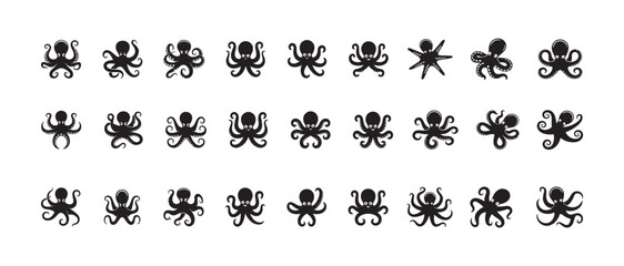 Fototapeta premium Collection of funny stylized octopus icons showing different poses for aquatic creature graphics