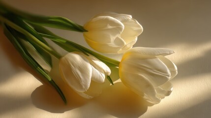 Fototapeta premium Close up view of white tulips in warm sunlight
