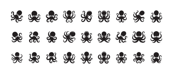 Assortment of black silhouette octopus icons in many different playful gestures for ocean illustration © MdJahid