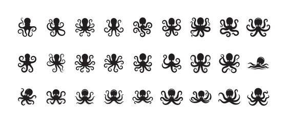 Various stylized black octopus icons with different arm positions for marine life concept design