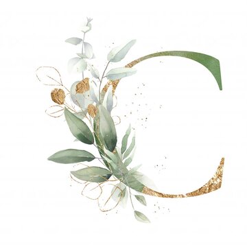 Letter C alphabet initial letter watercolor greenery foliage with line art delicate animation romantic illustrated alpha mask animation golden
