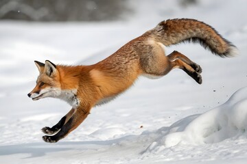 Naklejka premium Fox jumps through snow in winter landscape during daytime near forest area