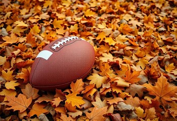 A lone football rests amidst a carpet of golden and russet autumn leaves, evoking fond memories,  season,  fall