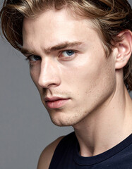 Obraz premium Close-up portrait of a young man with striking blue eyes and tousled blonde hair