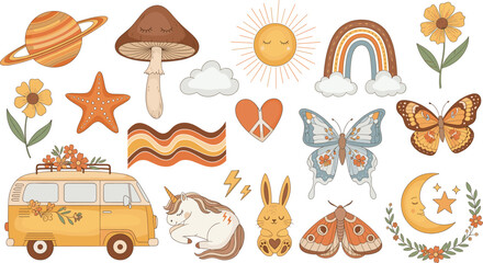 A Groovy Boho Vector Collection Featuring Mushrooms, Sun, Rainbow, Planets, Unicorn, Van, and Celestial Elements in Warm Earthy Tones for Hippie and Vintage Designs. © MstBobita